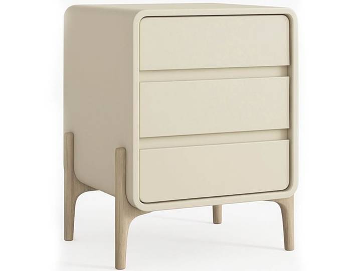 Table de chevet Scandi moderne recouverte de similicuir avec 3 tiroirs et pieds en bois naturel - Barel Taupe