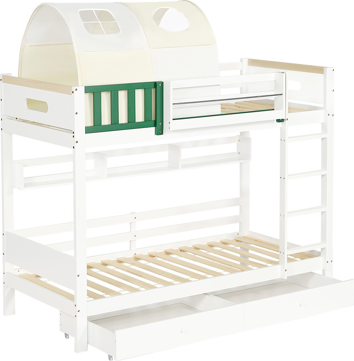 Etagenbett,Hausbett,Kinderbett mit kleinem Zelt, mit Fallschutz und Gitter, Mit vierstufiger Leiter, Zwei Schubladen mit Rollen, Kiefer+MDF