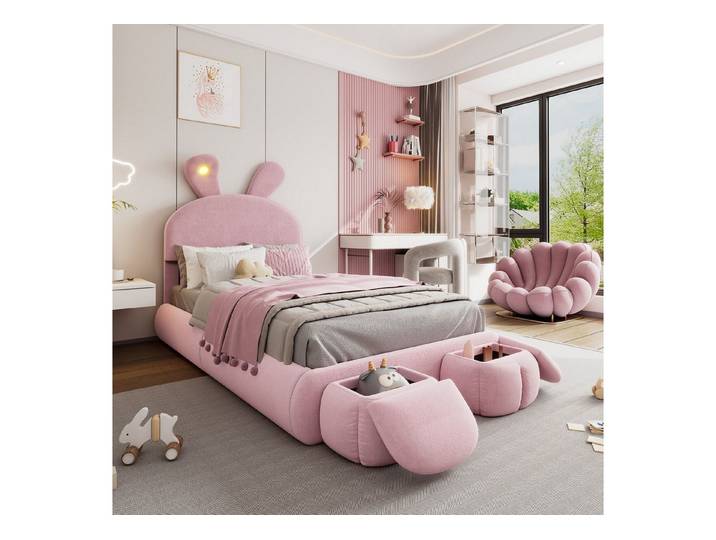 Flieks Polsterbett, LED Einzelbett 90x200cm mit Hasenohren Kopfteil und 2 Stauraumhockern