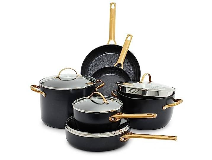 GreenPan Reserve Harteloxierte gesunde Keramik-Antihaftbeschichtung, 10-teiliges Kochgeschirr-Set, Töpfe und Pfannen-Set, goldfarbener Griff, PFAS-frei, spülmaschinenfest, ofenfest, schwarz