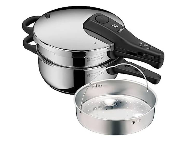 WMF Perfect Schnellkochtopf Set Induktion 3-teilig, Dampfkochtopf 4,5l + 3l mit Einsatz, großes Kochsignal, 2 Kochstufen, abnehmbarer Deckelgriff, stapelbar