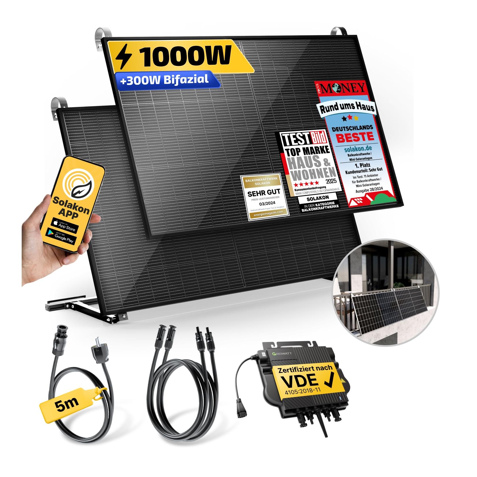 Balkonkraftwerk 1000W/800W Solaranlage mit Balkon Halterung Steckerfertig WIFI Komplettset Photovoltaik Anlage 800W, Kabellänge: 5m