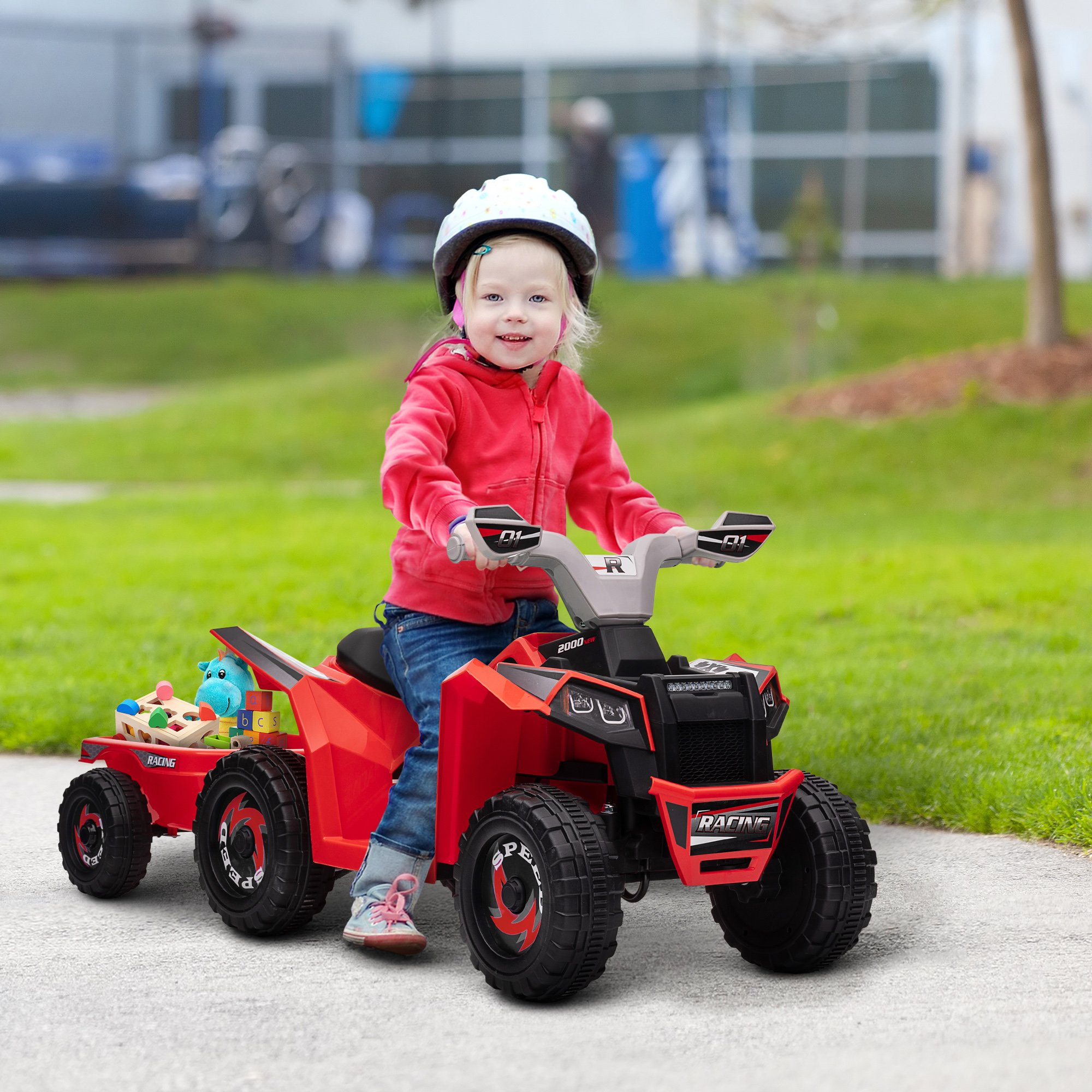 Homcom Quad Elettrico per Bambini con Rimorchio, Pedale, Marce Avanti e Indietro, 2,5 km/h, per 18-36 Mesi, Rosso   Aosom Italy