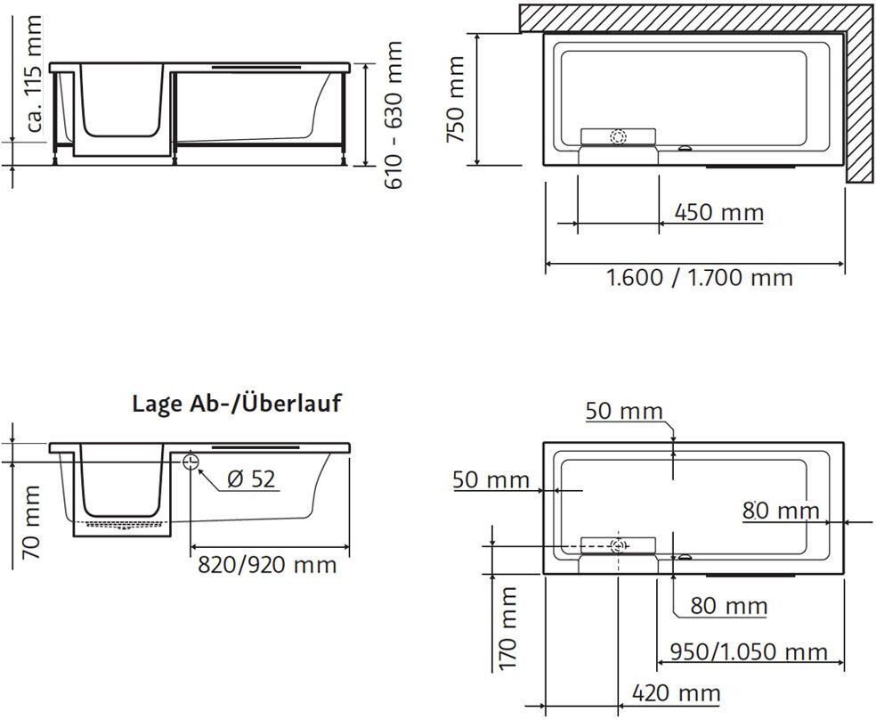 HSK Dusch-Badewanne Dobla 170 cm Einstieg links mit Antislip