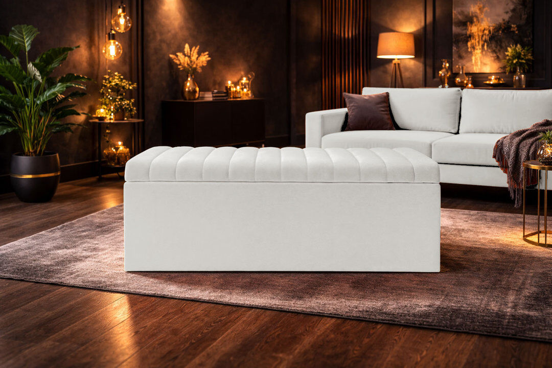 AZ Interiors Royal Furniture Royal Velvet Storage Ottoman Box with Hinged Lid   Lined Upholstered End of Bed Storage Bench   Soft Close Storage Seat   Made in UK White 90W x 40D x 40H CM