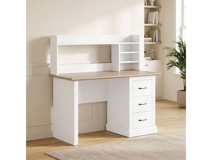 HOMCOM Bureau Chêne Blanc 120x55cm 3 Tiroirs Rangement Étagères