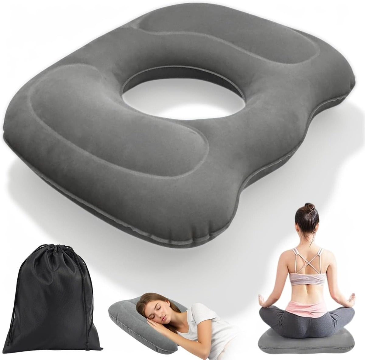Opblaasbaar orthopedisch donut zitkussen voor stuitbeentlasting, grijs