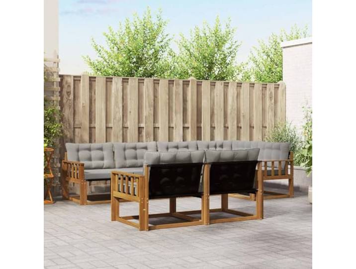 RJPLMFV Ecksofa für den Außenbereich, 7-teilig, Akazie, Hellgrau Rahmen aus Massivholz, Kissen aus Textilene, wasserdicht, modulares Design, pflegeleicht