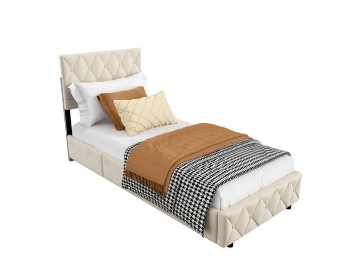 Flora Grace Polsterbett Bettgestell in zeitlosem Design 90/190 cm, Beige, 90x190 cm, Schlafzimmer, Betten, Polsterbetten