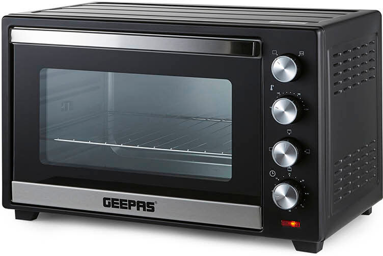 GEEPAS Mini Oven & Grill Rotisserie Baking Roasting & Grilling 1600W Temp Control 100–230°C Double Glass Door 60min Timer Auto Shut Off Bell Black 48L