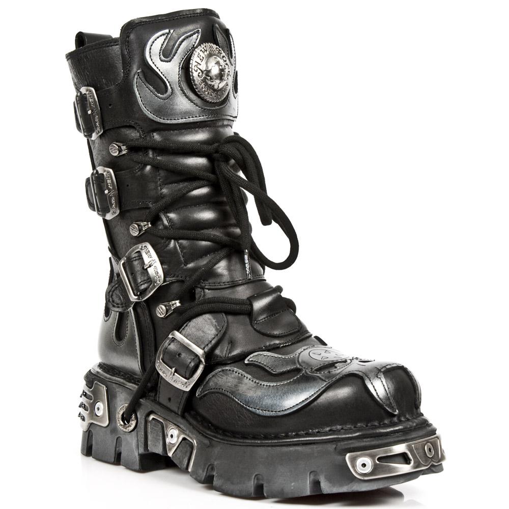 New Rock Flame Biker-Stiefel aus schwarzem/silbernem Leder mit Akzent – ​​107-S2
