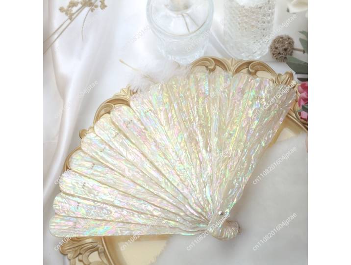 Éventail pliant en résine époxy faite à la main avec coquille de nacre - Accessoire de photographie Hanfu d'inspiration vintage avec incrustation de nacre naturelle