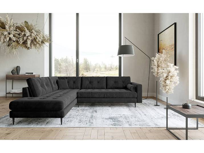 Ecksofa Purches Schwarz Samt Selby 259 x 87 x 205cm Ottomane davorstehend links Glamour