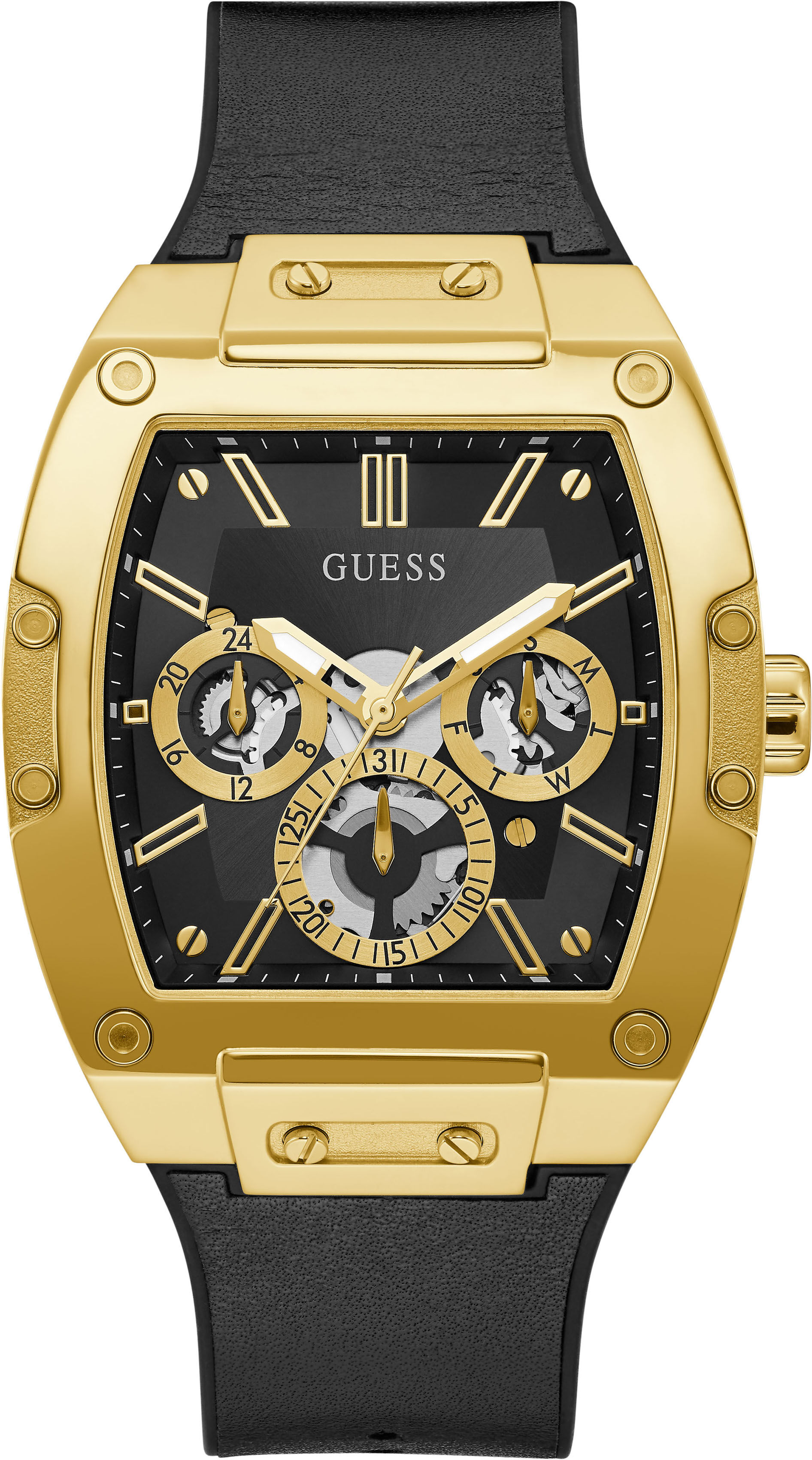 Multifunktionsuhr GUESS "PHOENIX", gold (schwarz, schwarz), Armbanduhren, Herren, goldfarben, Multifunktionsuhr, Armbanduhr, Quarzuhr, Herrenuhr