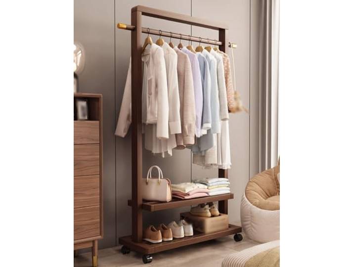 AKPHBKFG Freistehender Kleiderständer aus Bambus mit Kleiderstange und Rollen, offener Kleiderschrank für Flur und Schlafzimmer, Dunkelbraun 65cm