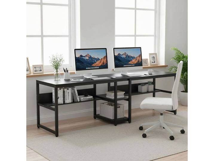 TOPESCT Bureau avec Rangement 200 cm Bureau d'Ordinateur Double pour Deux Personnes Bureau d'écriture Rustique Noir