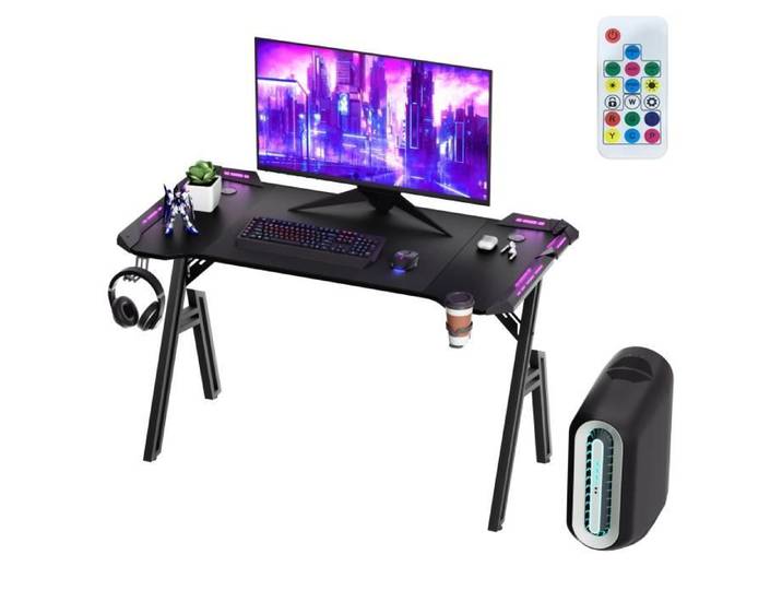 Bureau de gaming - YRHOME - 120 cm - LED RGB - Design en A - Surface en fibre de carbone