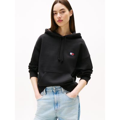 Kapuzensweatshirt TOMMY JEANS "TJW BXY BADGE HOODIE EXT", Damen, Gr. 1X (48), schwarz, Sweatware, Obermaterial: 100% Baumwolle, unifarben, bequem hüftlang, Rundhals, Rippbündchen, Sweatshirts, mit Logo-Badge