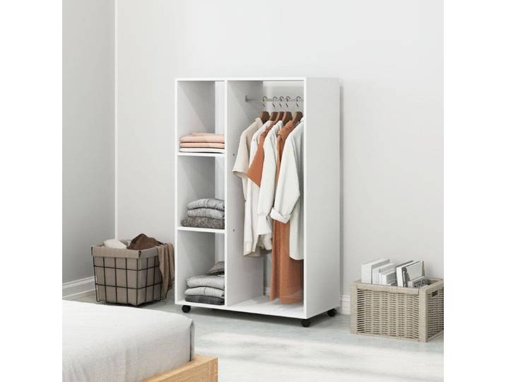 Armoire à roulettes penderie mobile 1 tringle 3 étagères meuble penderie roulant pour entrée chambre 80 x 40 x 128 cm blanc