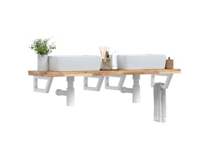 KTHLBRH Waschbeckenregal Wandmontage Stahl Akazienholz Schweberegal Bad Stahlhalterungen, massive Akazienholzplatte, flexible Positionierung, moderne Optik, platzsparend