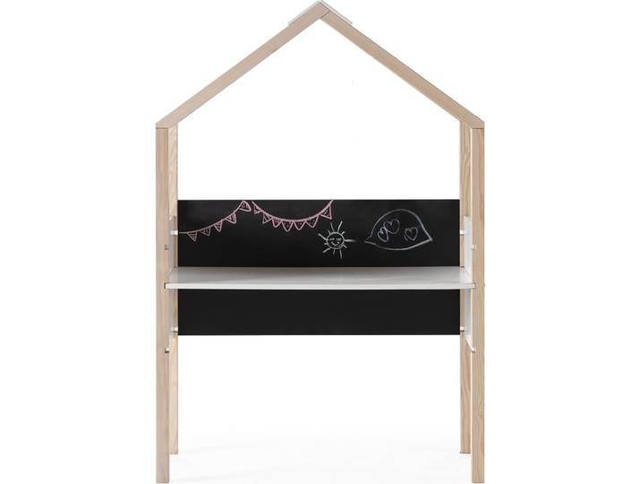 CALICOSY - Schreibtisch mit Hausform, Nachbildung in glänzendem Weiß und hellem Holz, L100 cm - ELORA