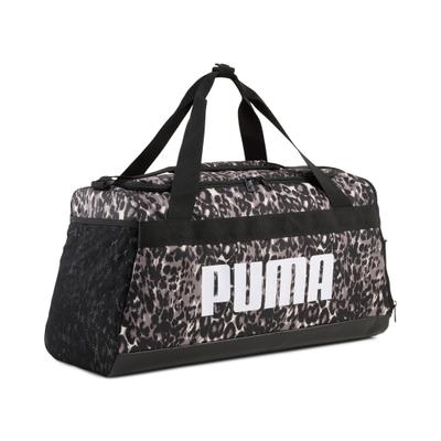 Sporttasche PUMA "CHALLENGER AOP SMALL SPORTS BAG", grau (mouse gray, buttercream, leopard aop), Netz, Obermaterial: 100% Polyester, gemustert, Taschen Sporttasche, Sporttasche, mit mehreren Fächern, verstellbarer Schulterriemen