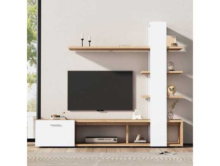 Meuble TV Moderne avec Porte et Rangements Ouverts Ensemble de Meuble Télé 180 de Longueur Ensemble de Meuble TV Blanc et Bois