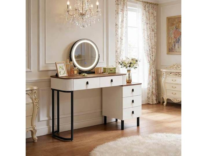 MEULVA Coiffeuse avec miroir LED 5 tiroirs miroir pivotant 360° plateau 100 x 40 cm blanc et brun