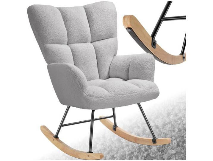 Fauteuil à bascule - TECTAKE - Fauteuil à bascule TORVE en polyester acier grand dossier embouts bois doux - Bouclé gris clair