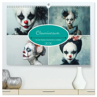Clowniversum - Wo die Masken Geschichten erzählen (hochwertiger Premium Wandkalender 2026 DIN A2 quer), Kunstdruck in Hochglanz