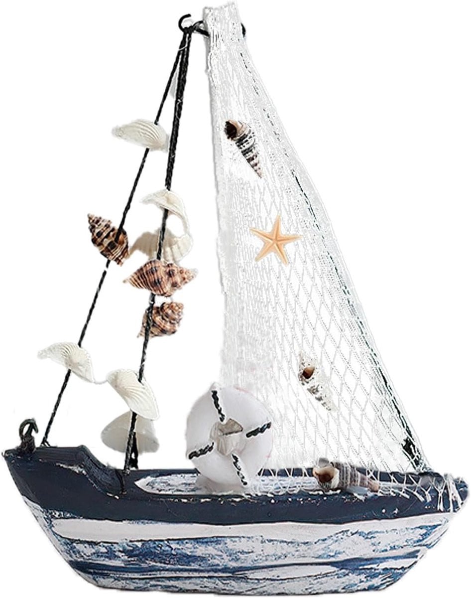 Houten zeilboot scheepsmodel met vissersnet en schelpen voor maritieme decoratie, 19,5 cm