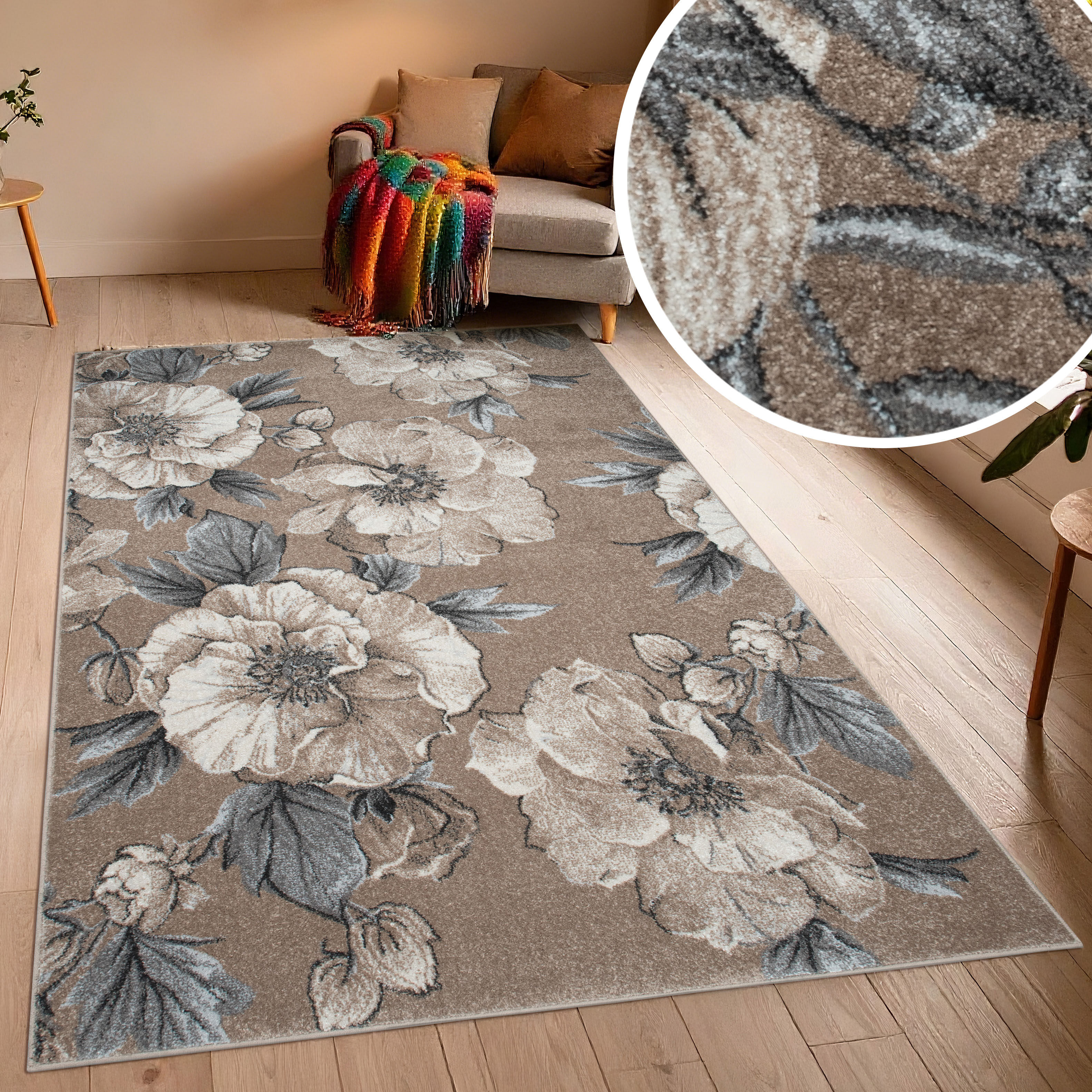 Teppich GOODPRODUCT "Florent, Blumen Design, Vintage", beige, B:80cm H:9mm L:150cm, Kunstfaser, Teppiche, Teppich, Floral, detailreiche Blüten, Botanical, elegant, Wohnzimmer beige B : 80cm 1 Stk., 9mm, L: 150cm