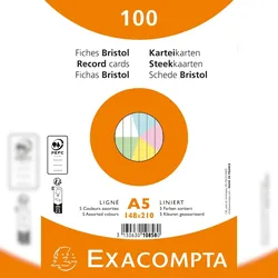 Exacompta 10858E 10x Karteikarten A5, Packung mit 100 Stück eingeschweißt, liniert, nicht gelocht, Farben sortiert - Farben sortiert