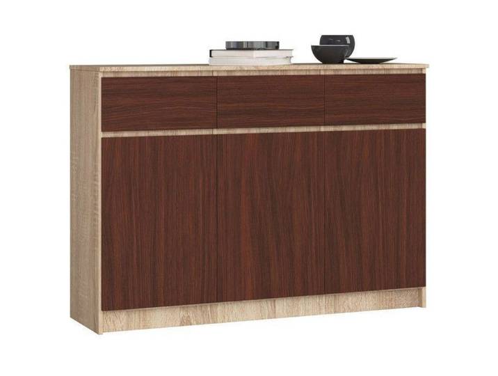 Commode AKORD K140 Chêne Sonoma 138 cm 3 portes 3 tiroirs façade Wengé 6 étagères 138x40x99 cm