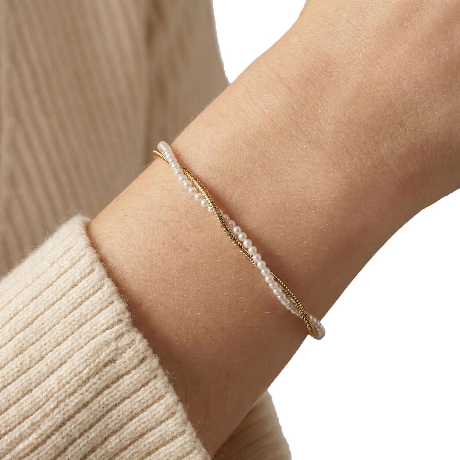 Armband AMOR, gold (gelbgoldfarben, weiß), Armbänder, Damen, 20cm, Edelstahl Perlen, Edelstahl, Perlen, Armband, mit Wachsperle