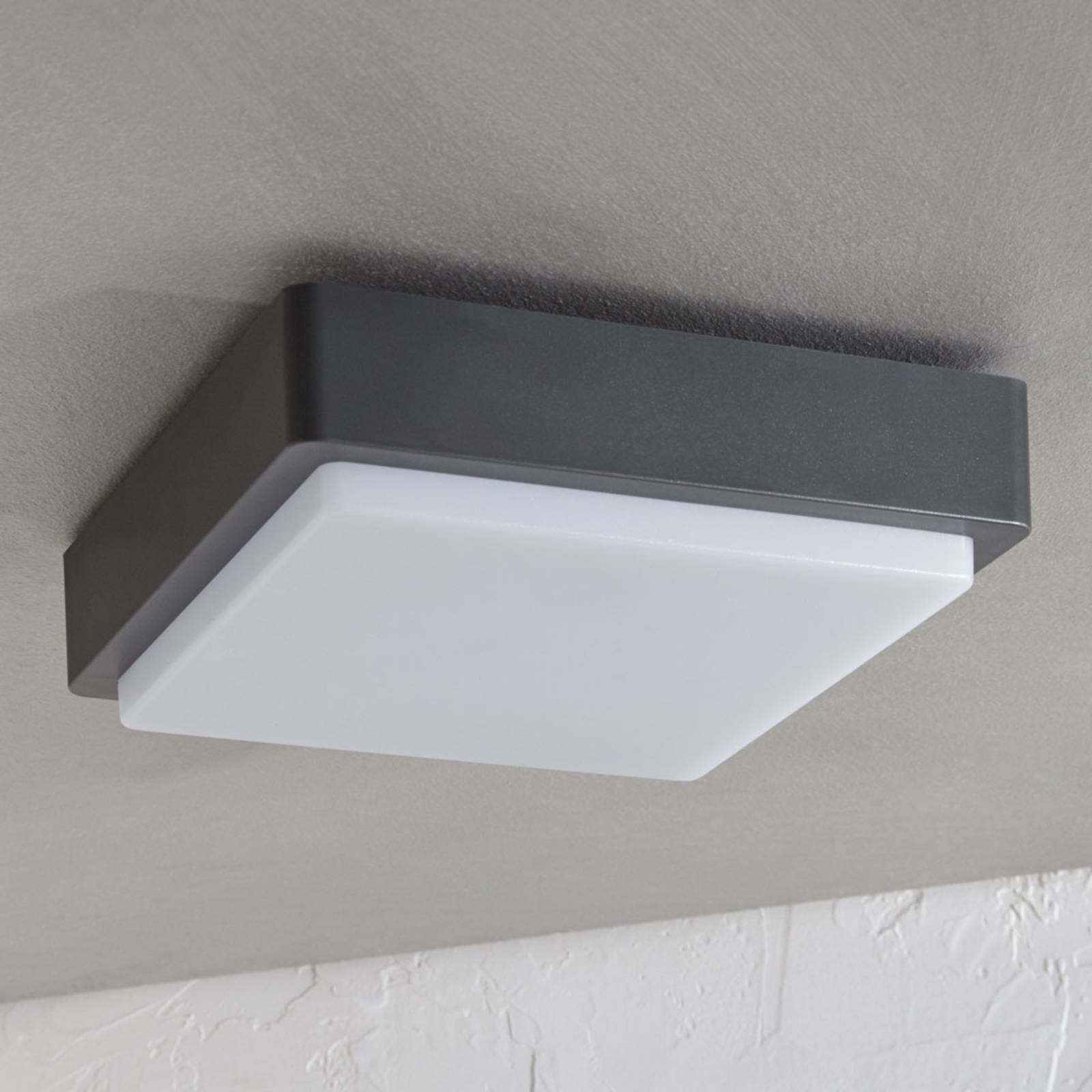 Lindby LED outdoor ceiling lamp Nermin, 22 cm, IP65, angular Nermin, Black, Plastic, Modern, Ceiling Light Outdoor