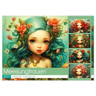 Zauberhafte Meerjungfrauen. Liebliche Illustrationen (Wandkalender 2027 DIN A2 quer), CALVENDO Monatskalender