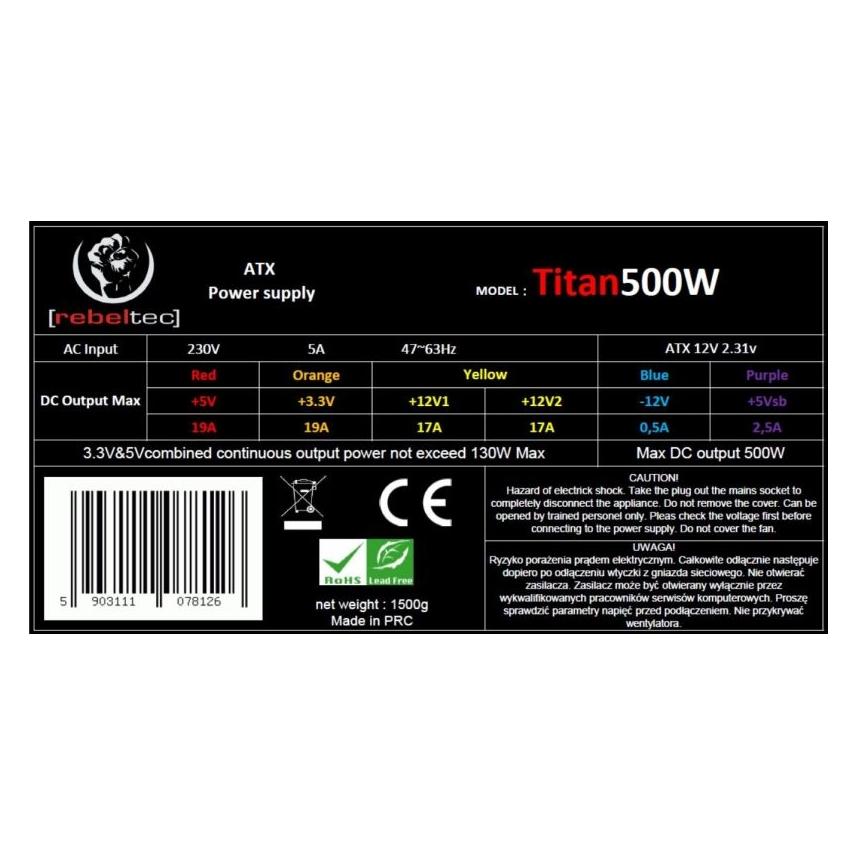 Rebeltec Universal computer power supply ATX ver. 2.31 TITAN 500 (500 W) (RBLZAS00004)