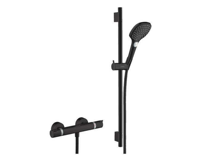 Set de douche Mitigeur Ecostat Comfort + Barre Unica 65 cm + Douchette 3 jets Raindance 120 Select E, Noir mat