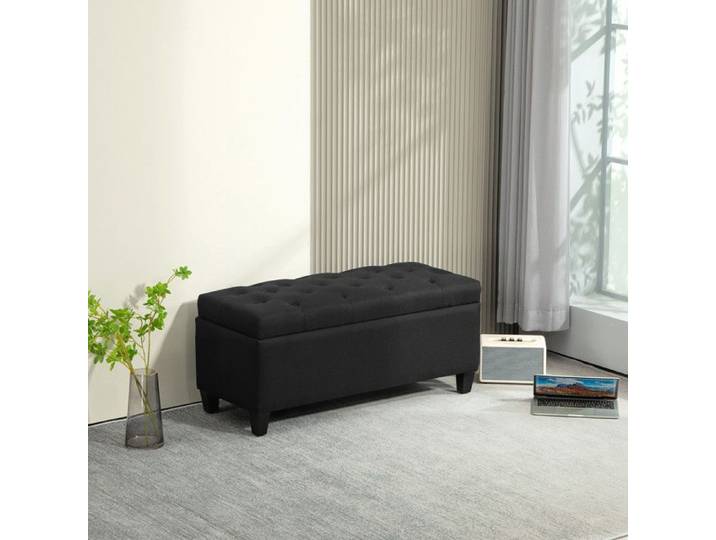 Banquette rembourrée avec espace de rangement coffre-banquette entrée chambre salon polyester aspect lin noir 100x40x44 cm