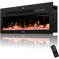 TroniTechnik® Wandkamin elektrisch, Panorama Elektrokamin Schwarz mit LED Flammeneffekt, 900/1800W Heizleistung, dimmbar, App-Steuerung, Fernbedienung, Timer, Kristalle