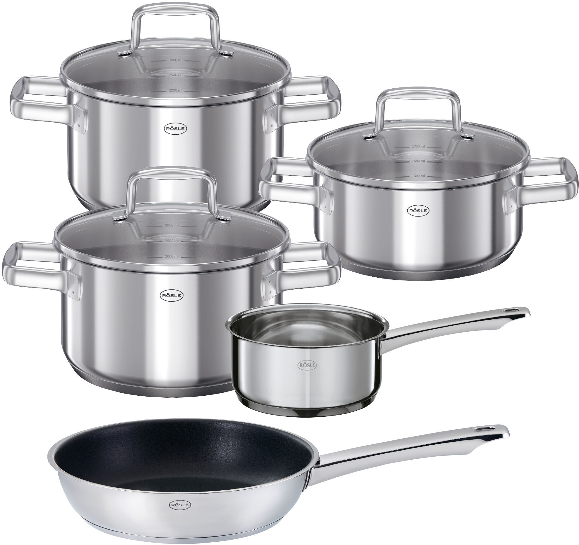 Topf-Set RÖSLE "MOMENTS, 5-tlg. incl. Pfanne 28 cm", silberfarben, Töpfe