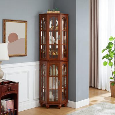 GREATPLANINC Lighted Corner Curio Cabinet, Wooden Accent Storage Cabinet, Display Cabinet with Tempered Glass Shelves & Mirrored Back