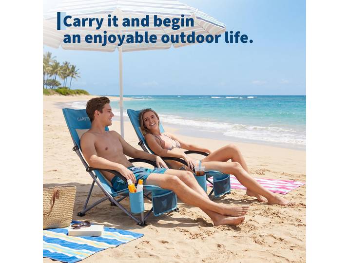 Chaise de plage pliable portable, légère et robuste, capacité de 300 lb, siège de camping extra large, chaise de voyage d'extérieur avec porte-gobelet