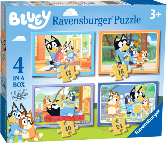 Ravensburger Bluey Four In A Box Jigsaw Puzzle Set 12/16/20/24 Piece for Kids, Ages 3 and Up, Bluey Fan Gift