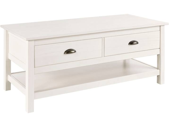 Couchtisch GOODPRODUCT Schröder , weiss (weiß), B:110cm H:45cm T:50cm, Tische, Couchtisch, mit 2 Schubladen und 1 Einlegeboden, aus massivem Kiefernholz