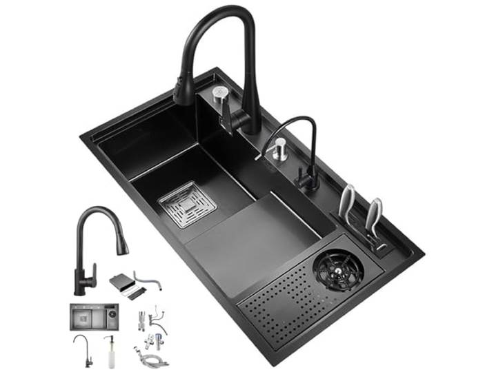 KOOGIMDDR 82CM Schwarze Küchenspüle aus Edelstahl, abgestufte Barspüle mit einem Becken, Tassenspüler und ausziehbarem Wasserhahn, 1,5 Becken, Dual-Montage