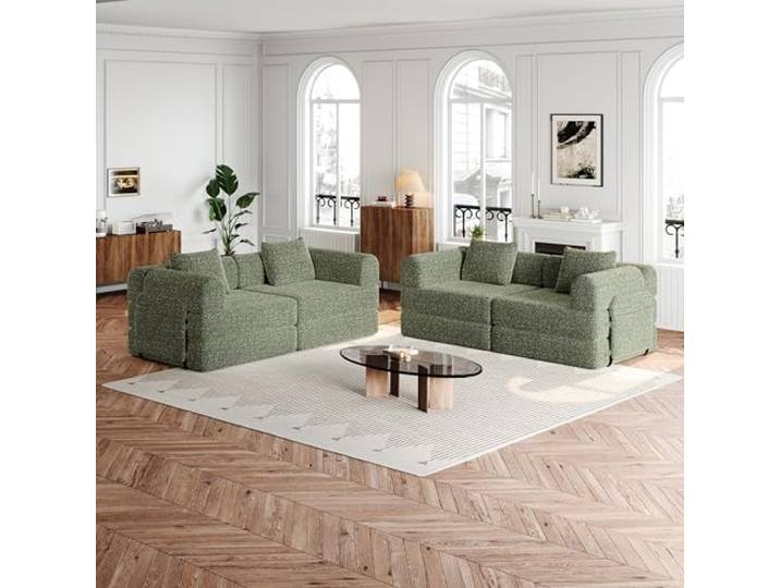 Chenille Schlafsofa klappbar 2er Platz Grün mit Seitentasche 2-in-1 Schlafsofa mit Staufach in der Armlehne und drei Metallrahmen