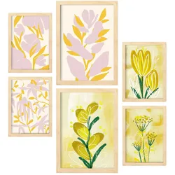 POSTER Set Mit 6 Restful Posy In Blume Zusammenfassung A3 & A4 Rahmen Aus Hellem Holz