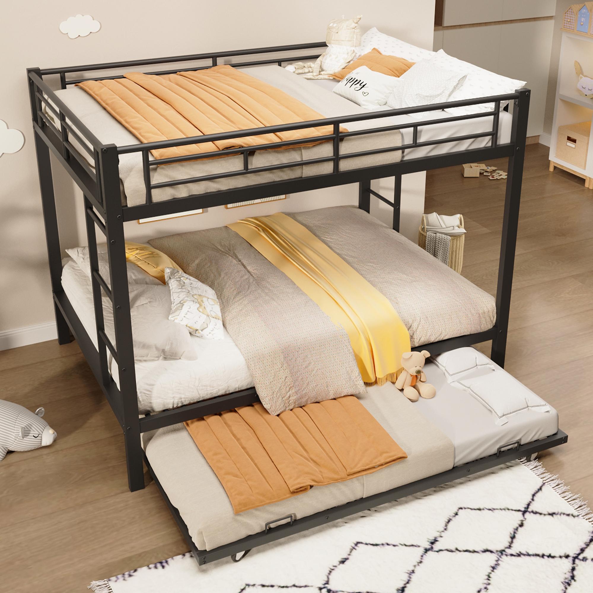 MODFU Etagenbett 140×200 Stockbett Bettgestell mit Ausziehbett ohne Matratze,Kinderbett mit Eisenrahmen und Geländer,Schwarz